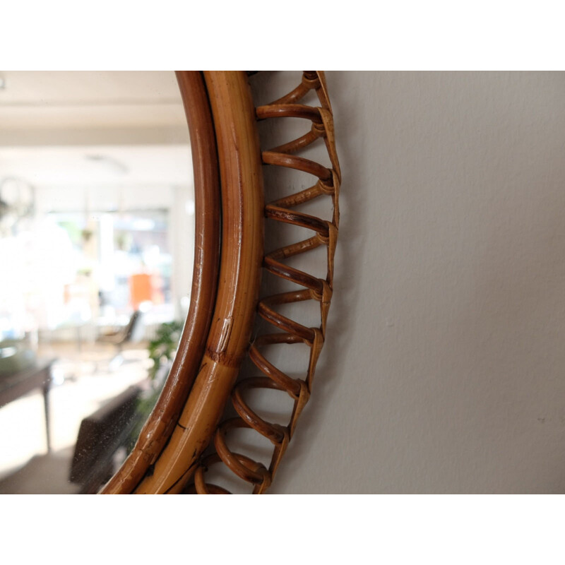 Rattan and velvet mirror with spiral border - 1940s