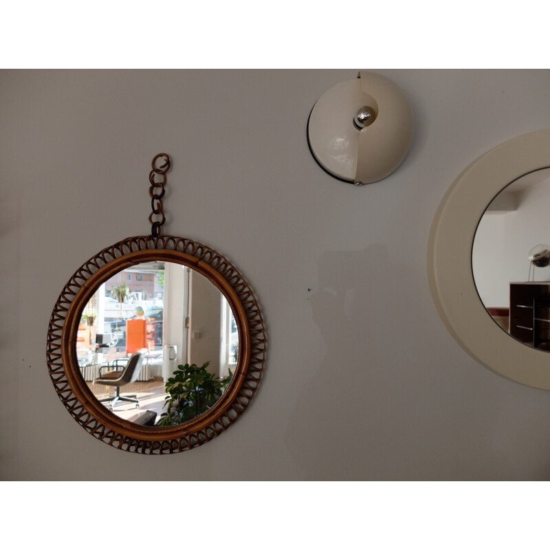 Rattan and velvet mirror with spiral border - 1940s