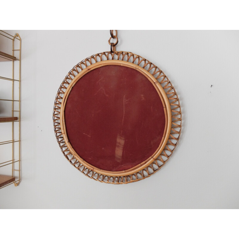 Rattan and velvet mirror with spiral border - 1940s