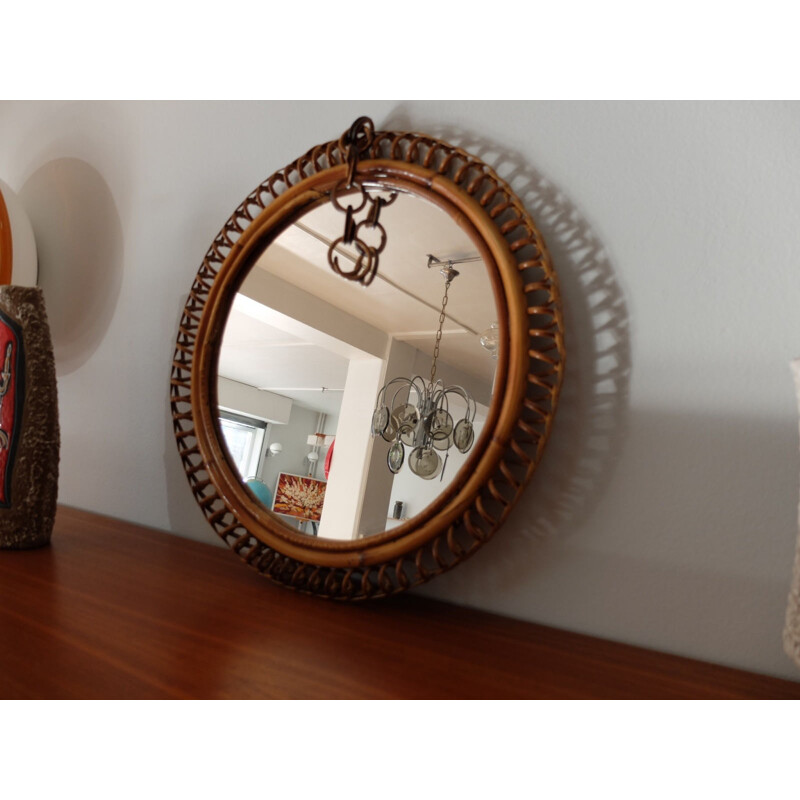 Rattan and velvet mirror with spiral border - 1940s