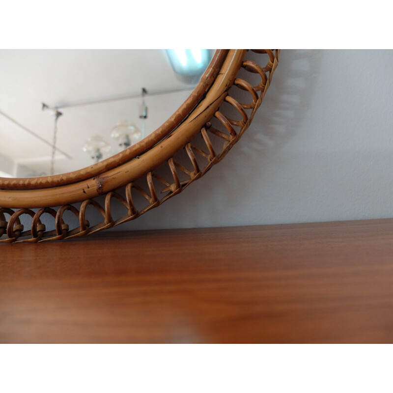 Rattan and velvet mirror with spiral border - 1940s