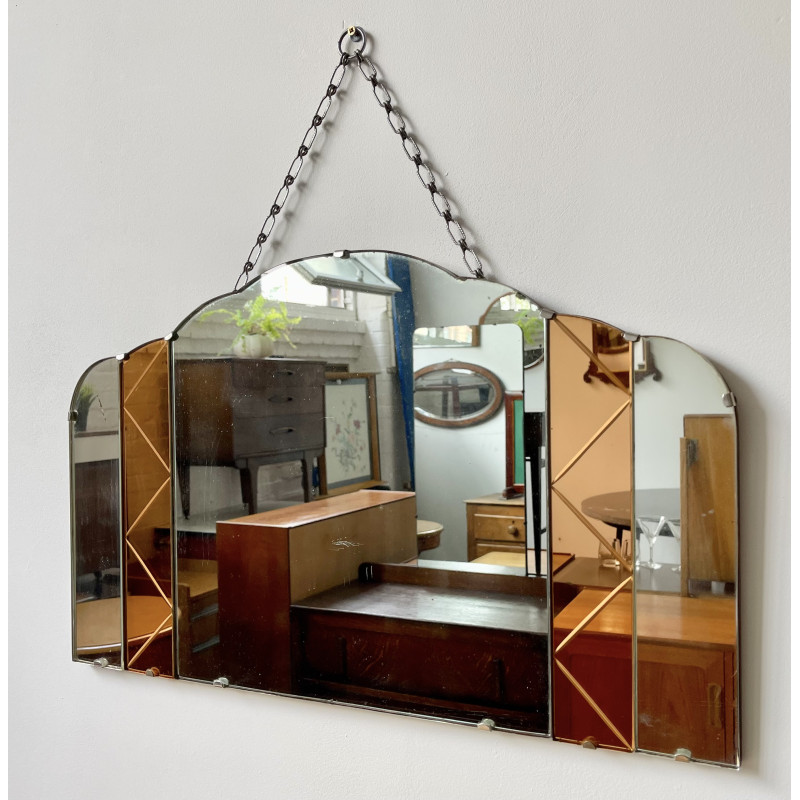Art Deco vintage wall mirror with decorative coloured glass panels, 1930s