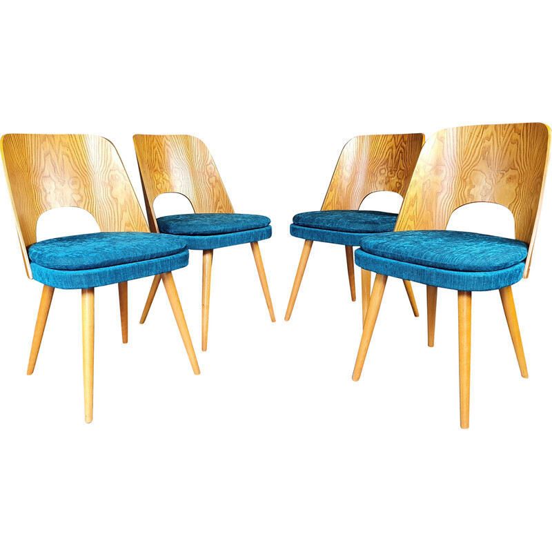 Set van 4 vintage stoelen in essenhout en denimblauw van Oswald Haerdtl voor Tatra, 1960