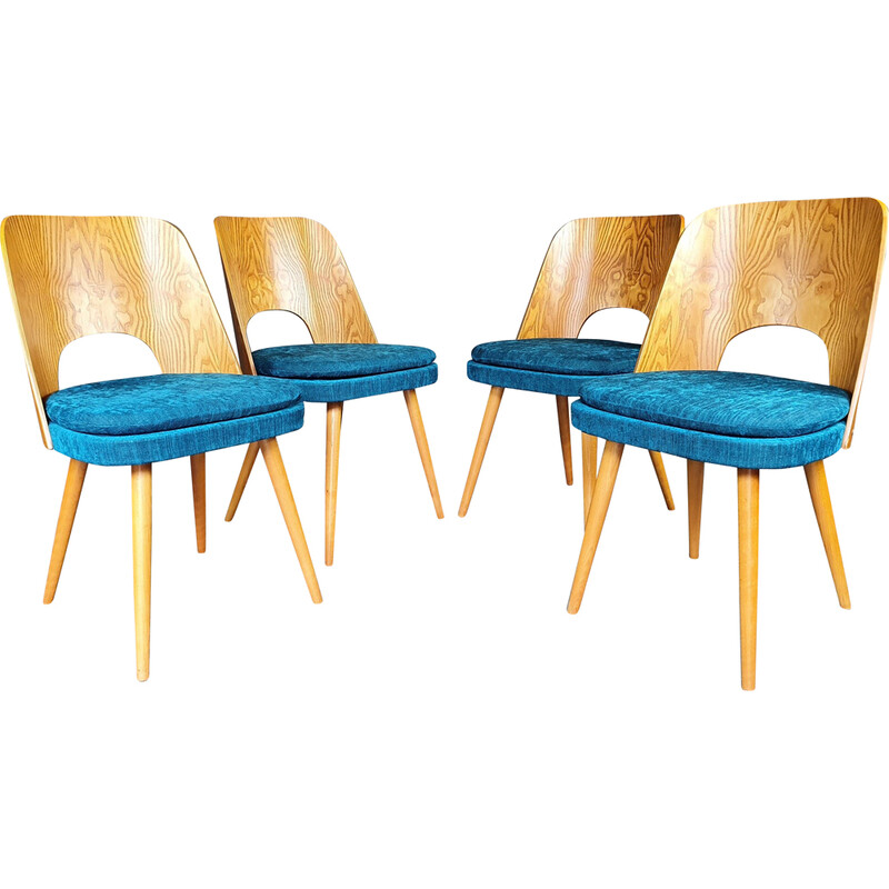 Set of 4 vintage ashwood and blue denim chairs by Oswald Haerdtl for Tatra, 1960
