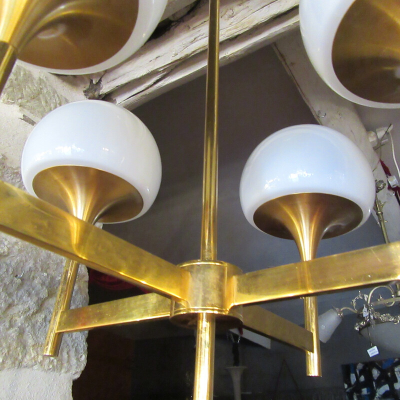 Vintage gilded metal structure pendant lamp with 4 white opaline glass reflectors for Amilux, 1960-1970