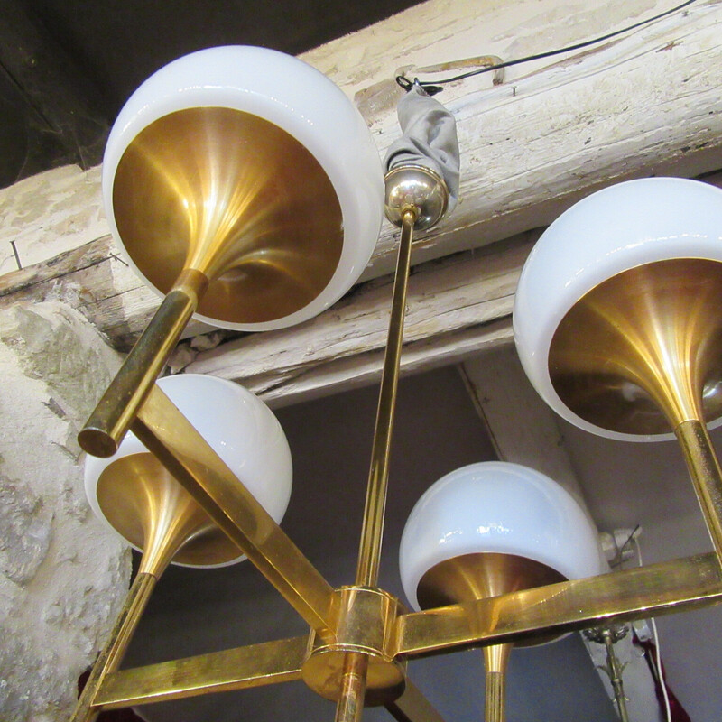 Vintage gilded metal structure pendant lamp with 4 white opaline glass reflectors for Amilux, 1960-1970