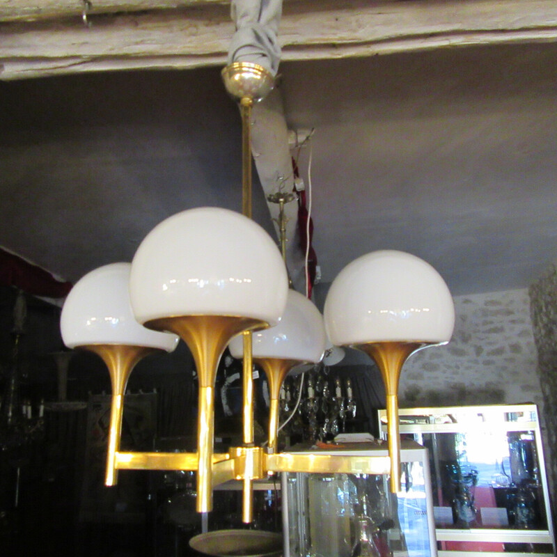 Vintage gilded metal structure pendant lamp with 4 white opaline glass reflectors for Amilux, 1960-1970
