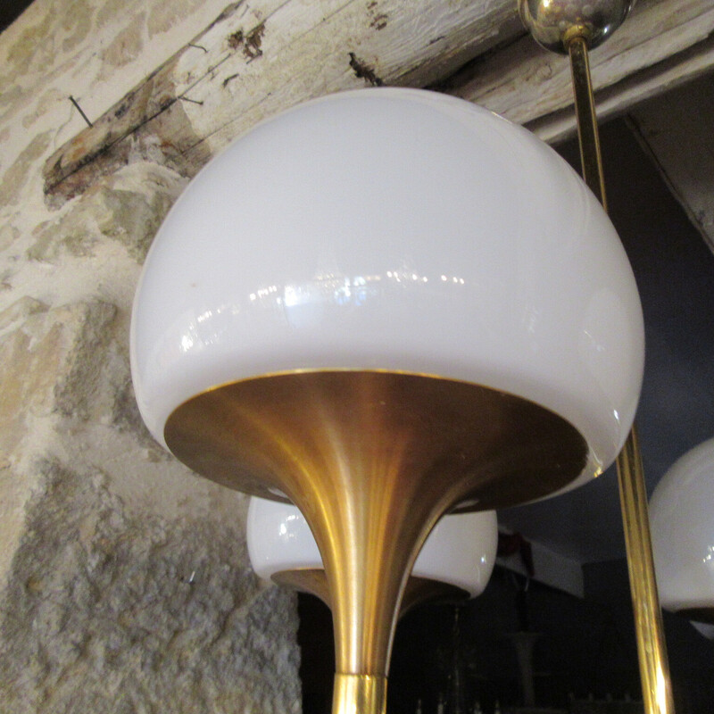 Vintage gilded metal structure pendant lamp with 4 white opaline glass reflectors for Amilux, 1960-1970