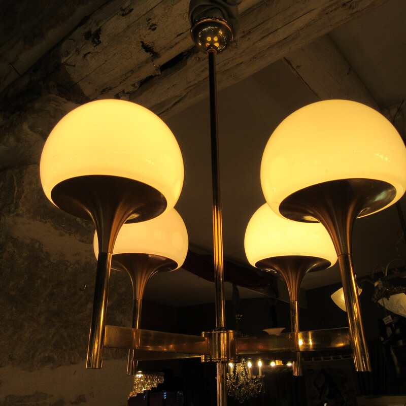 Vintage gilded metal structure pendant lamp with 4 white opaline glass reflectors for Amilux, 1960-1970