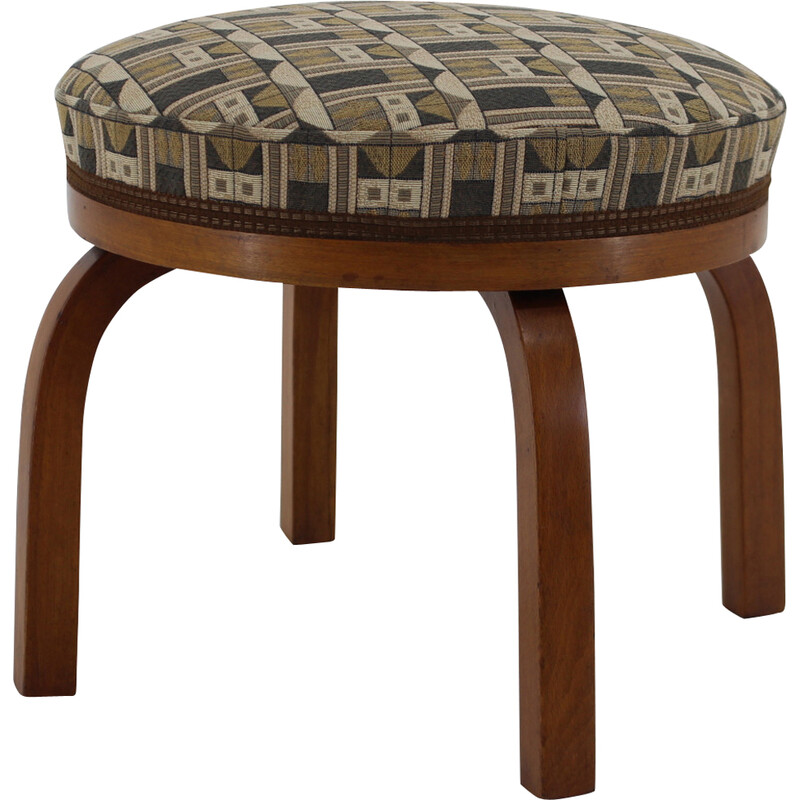 Tabouret vintage Fischel en bois de hêtre avec tissu Backhausen ,Tchécoslovaquie 1930