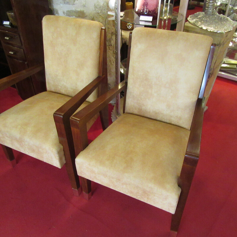 Pair of vintage Art-Deco mahogany and velvet armchairs, 1930