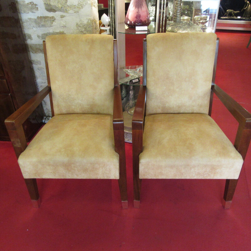 Pair of vintage Art-Deco mahogany and velvet armchairs, 1930