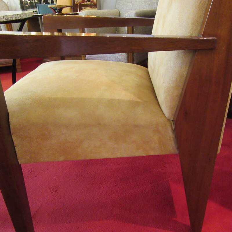 Pair of vintage Art-Deco mahogany and velvet armchairs, 1930