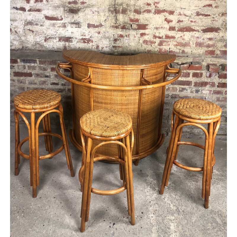 Vintage bar and its 3 stools in rattan and bamboo, 1960