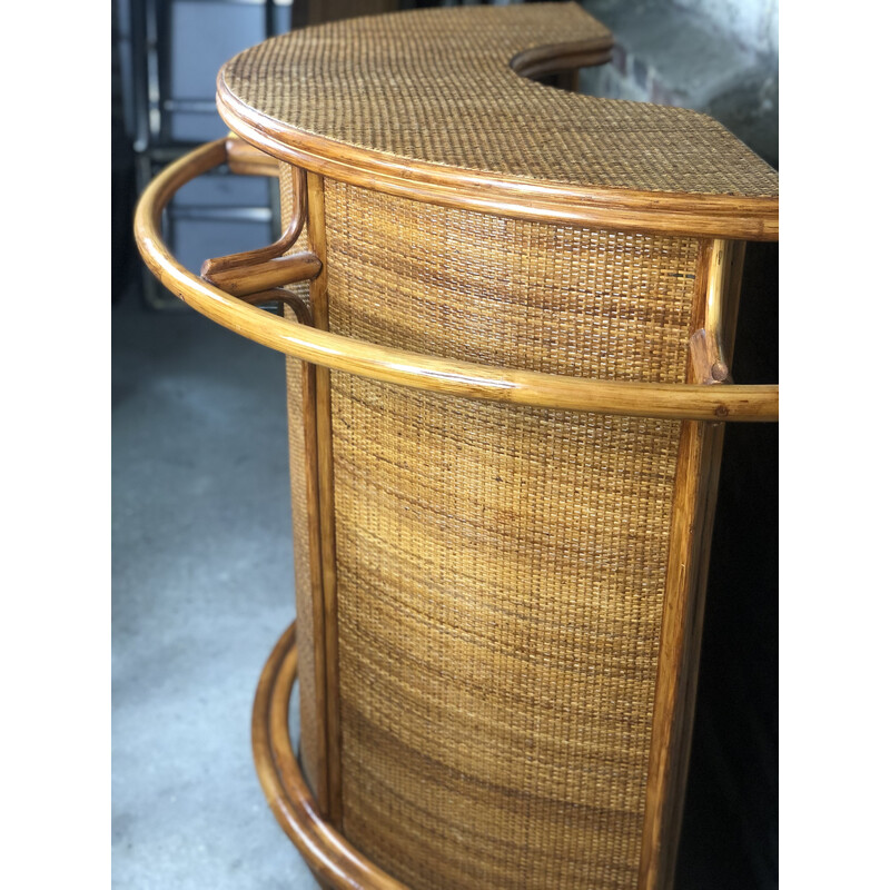 Vintage bar and its 3 stools in rattan and bamboo, 1960