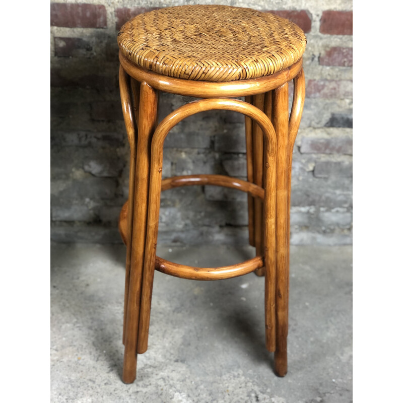 Vintage bar and its 3 stools in rattan and bamboo, 1960