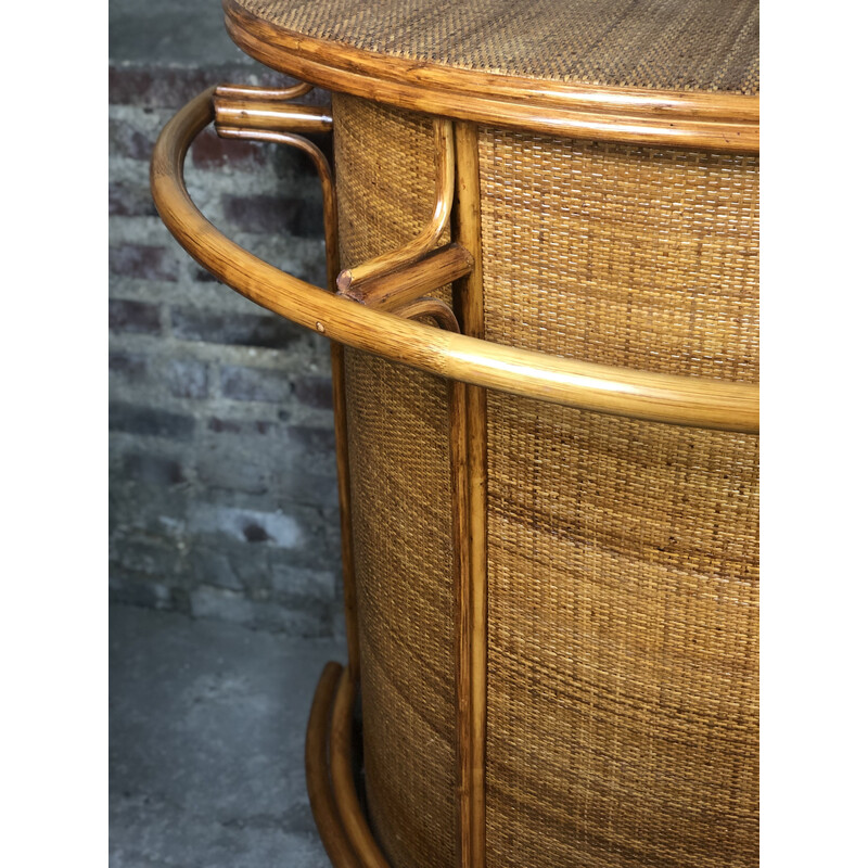 Vintage bar and its 3 stools in rattan and bamboo, 1960