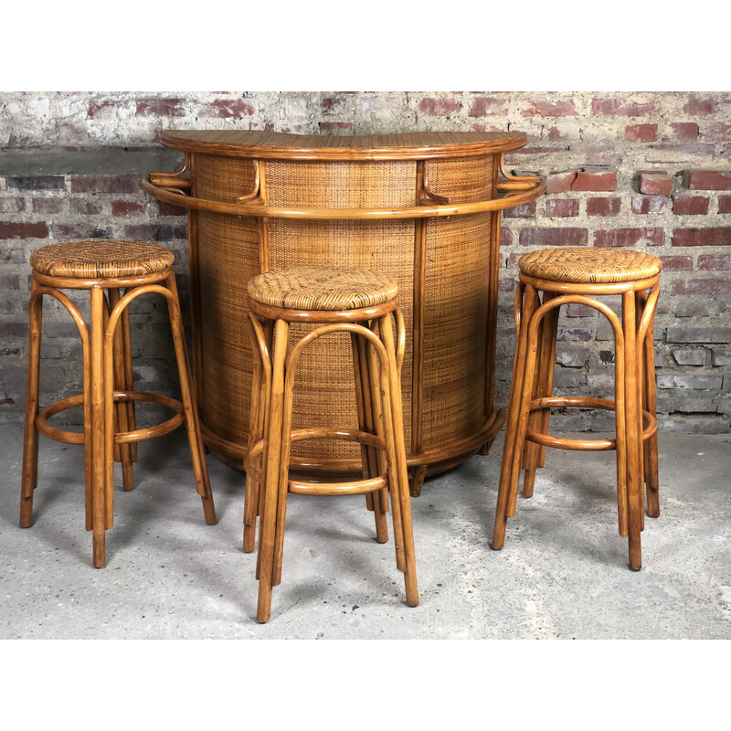 Vintage bar and its 3 stools in rattan and bamboo, 1960