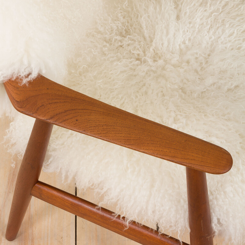 Vintage teak armchair in long hair Tibetan sheepskin wool upholstery by Erik Kierkegaard, Denmark 1960