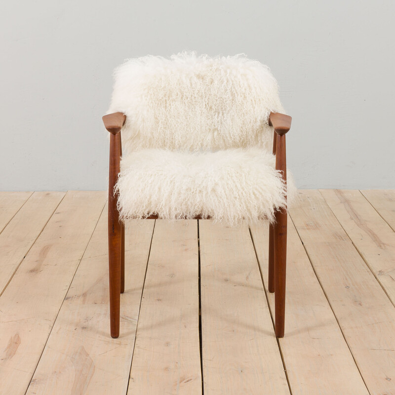 Vintage teak armchair in long hair Tibetan sheepskin wool upholstery by Erik Kierkegaard, Denmark 1960