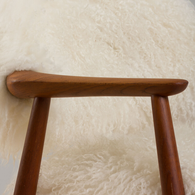Vintage teak armchair in long hair Tibetan sheepskin wool upholstery by Erik Kierkegaard, Denmark 1960