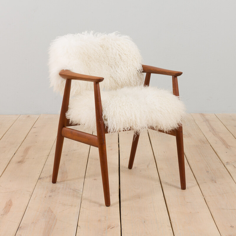 Vintage teak armchair in long hair Tibetan sheepskin wool upholstery by Erik Kierkegaard, Denmark 1960