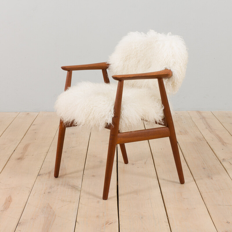 Vintage teak armchair in long hair Tibetan sheepskin wool upholstery by Erik Kierkegaard, Denmark 1960