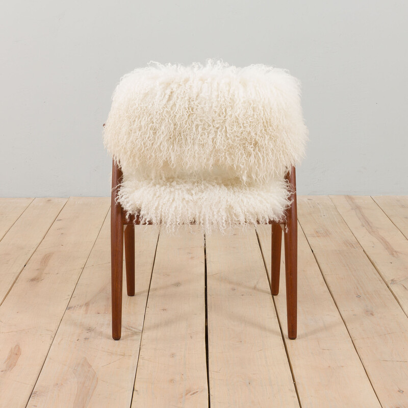 Vintage teak armchair in long hair Tibetan sheepskin wool upholstery by Erik Kierkegaard, Denmark 1960