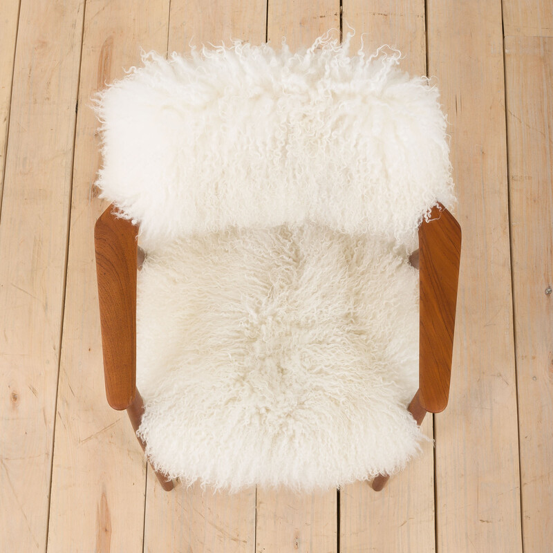 Vintage teak armchair in long hair Tibetan sheepskin wool upholstery by Erik Kierkegaard, Denmark 1960