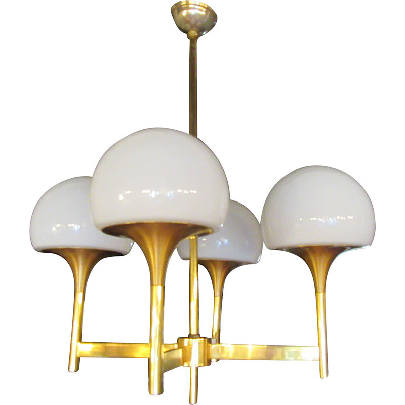 Lámpara de suspensión vintage con estructura de metal dorado y 4 reflectores de cristal opalino blanco para Amilux, 1960-1970