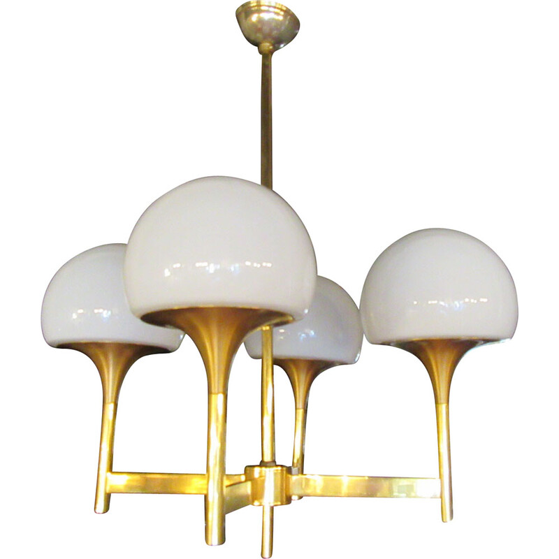 Vintage hanglamp met vergulde metalen structuur en 4 reflectoren van wit opaline glas voor Amilux, 1960-1970