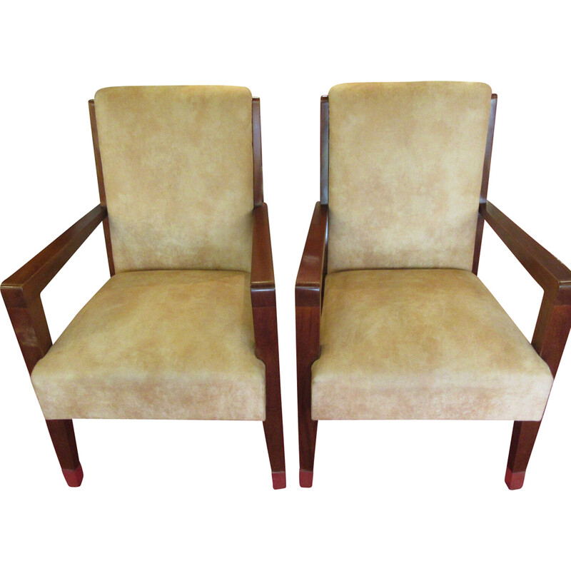 Pair of vintage Art-Deco mahogany and velvet armchairs, 1930