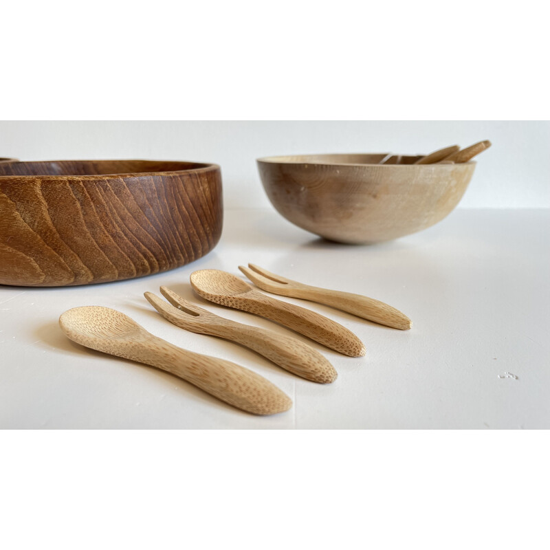 Set of vintage 3 bowls and 12 mini cutlery in wood and teak