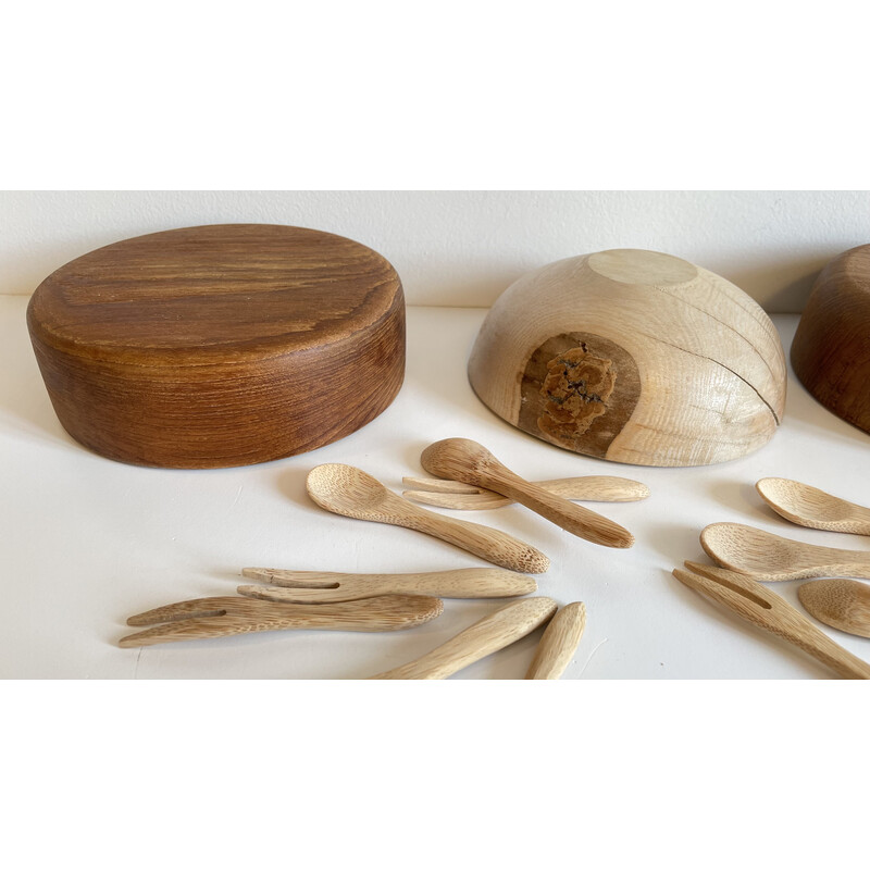 Set of vintage 3 bowls and 12 mini cutlery in wood and teak