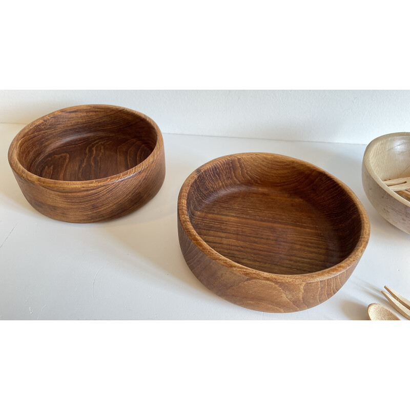 Set of vintage 3 bowls and 12 mini cutlery in wood and teak