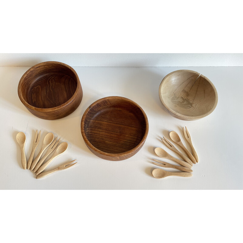 Set of vintage 3 bowls and 12 mini cutlery in wood and teak