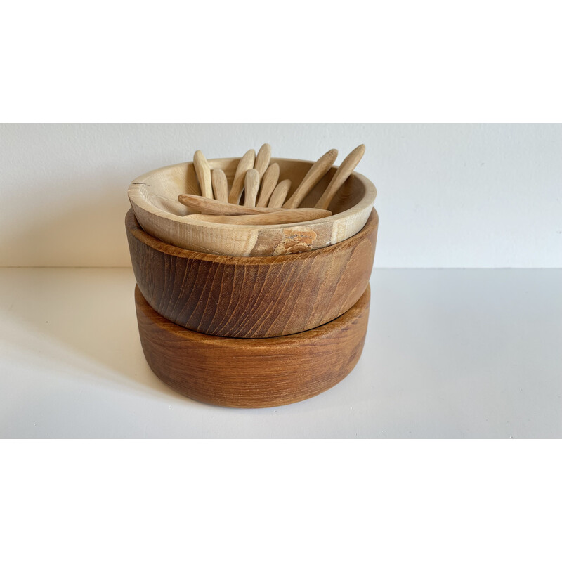 Set of vintage 3 bowls and 12 mini cutlery in wood and teak