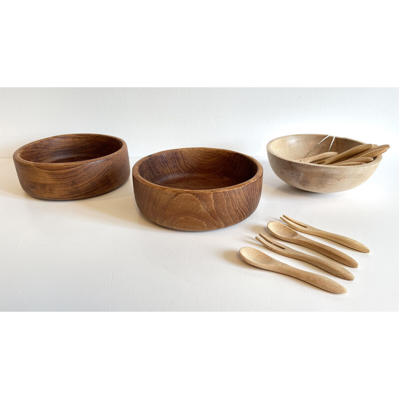 Set of vintage 3 bowls and 12 mini cutlery in wood and teak