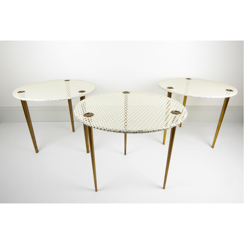 Set of 3 "Partroy" metal and brass nesting tables, Pierre CRUEGE - 1950s