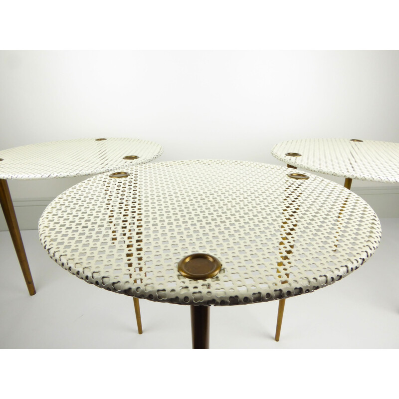 Set of 3 "Partroy" metal and brass nesting tables, Pierre CRUEGE - 1950s