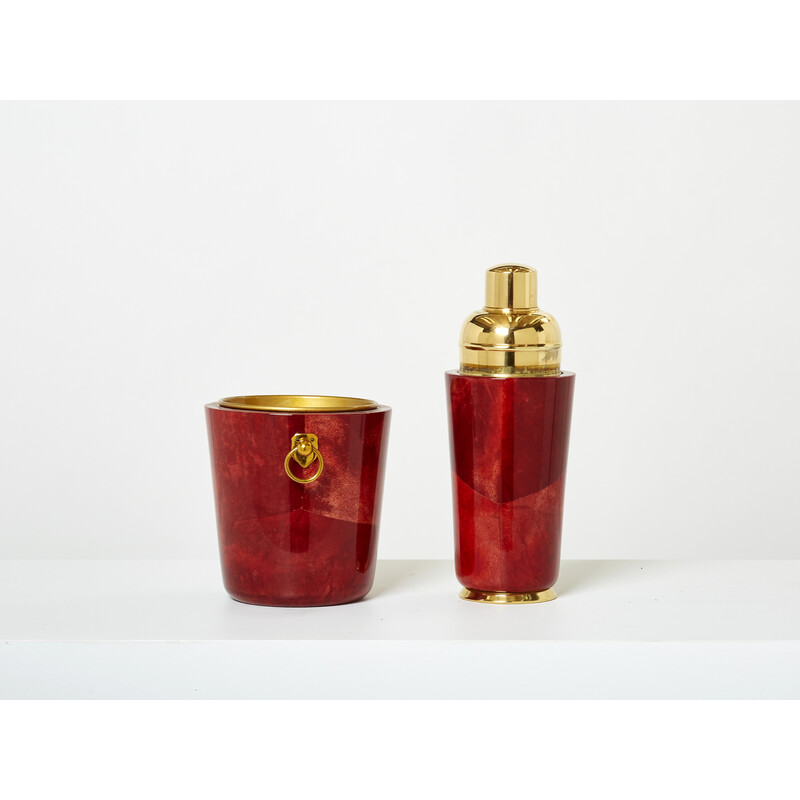 Vintage cocktail set in parchment and brass by Aldo Tura for Macabo Milano, 1960