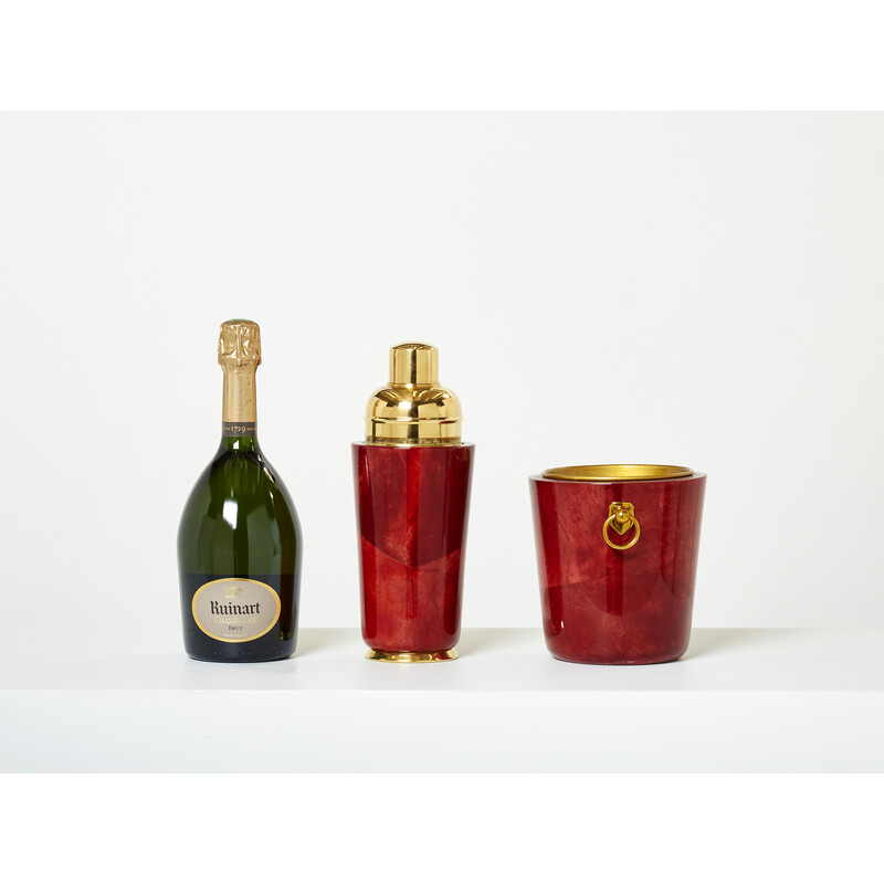 Vintage cocktail set in parchment and brass by Aldo Tura for Macabo Milano, 1960