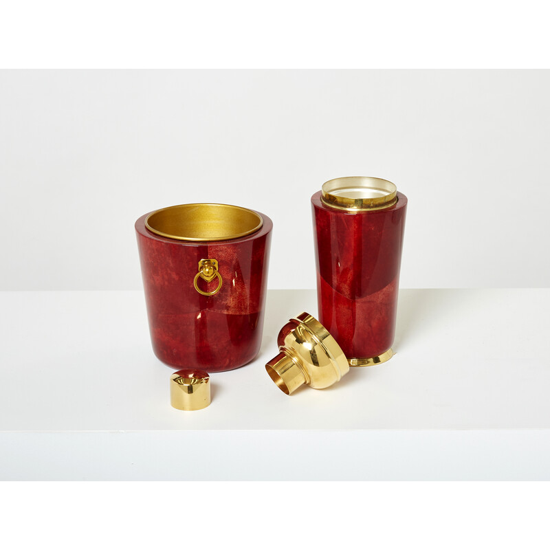Vintage cocktail set in parchment and brass by Aldo Tura for Macabo Milano, 1960