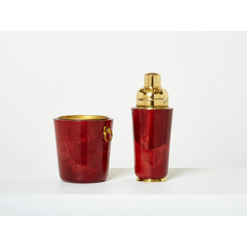 Vintage cocktail set in parchment and brass by Aldo Tura for Macabo Milano, 1960