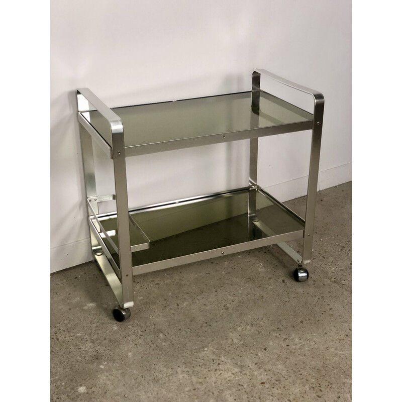 Vintage Italian aluminum and glass serving table on wheels by Martini and Rossi, 1970
