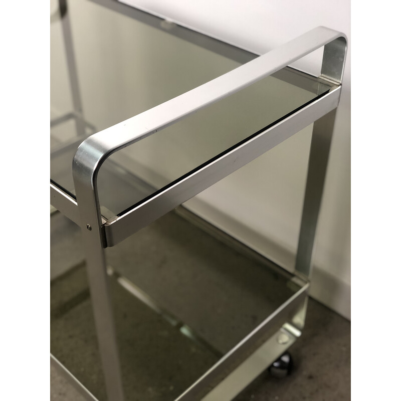 Vintage Italian aluminum and glass serving table on wheels by Martini and Rossi, 1970