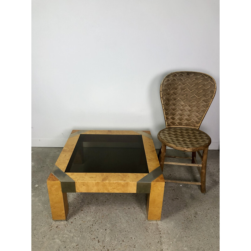 Vintage coffee table in brushed wood and smoked glass top by Milo Baughman, 1970