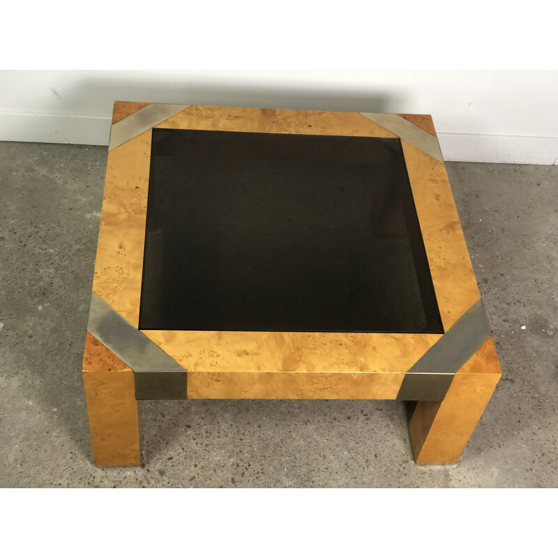 Vintage coffee table in brushed wood and smoked glass top by Milo Baughman, 1970