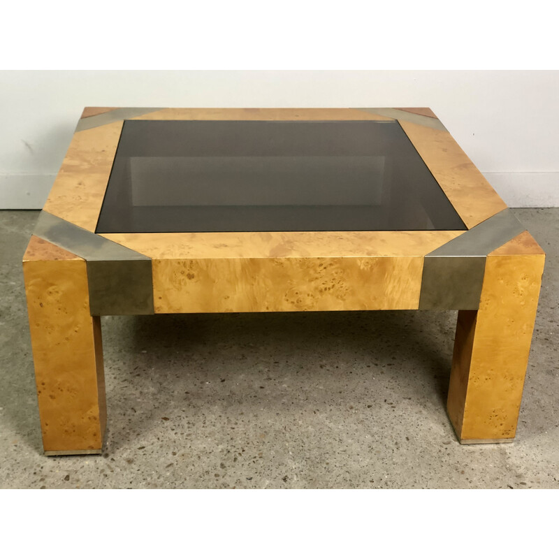 Vintage coffee table in brushed wood and smoked glass top by Milo Baughman, 1970