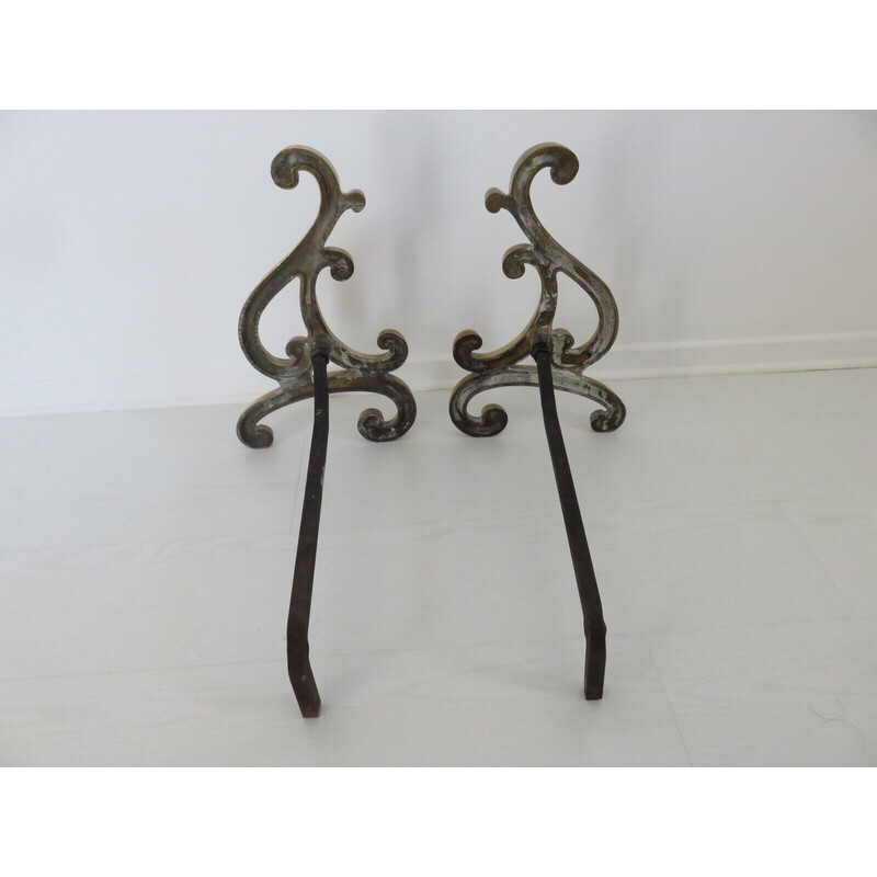 Par de grandes vindimas Art Nouveau andirons em bronze